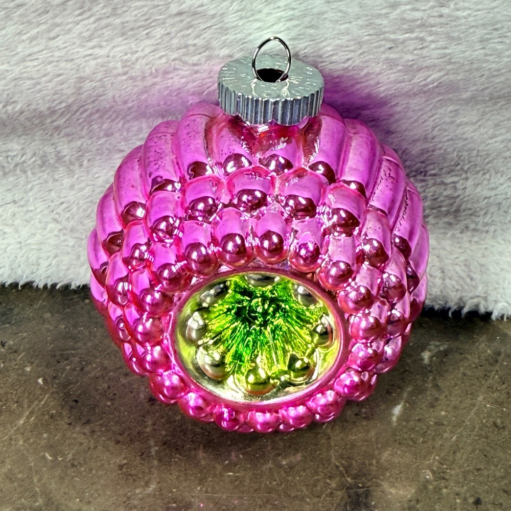 Christopher Radko Shiny Brite Ornament Small Pink Green Reflector Vintage